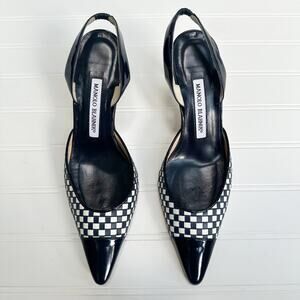 Manolo Blahnik Carolyne Black Herringbone Slingback Heels Patent Cap Toe 36.5